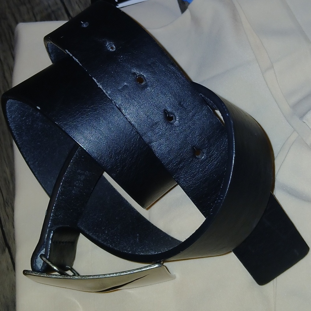 Black Leather Belt With Antiqued Silver Plate Diagonal Slash Buckle